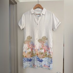 Cynthia Rowley White linen shirt dress with tropical print Size M